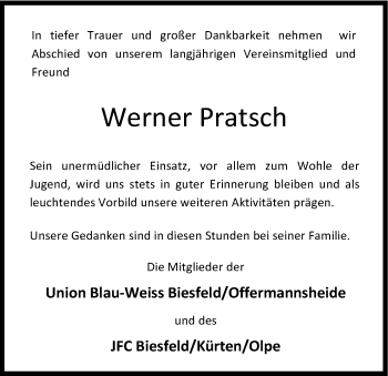 Anzeige von Werner Pratsch von Kölner Stadt-Anzeiger / Kölnische Rundschau / Express