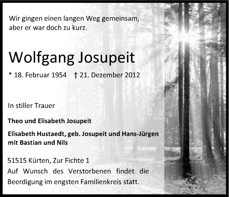  Traueranzeige für Wolfgang Josupeit vom 05.01.2013 aus Kölner Stadt-Anzeiger / Kölnische Rundschau / Express