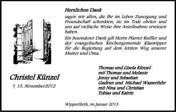 Anzeige von Christel Künzel von Kölner Stadt-Anzeiger / Kölnische Rundschau / Express