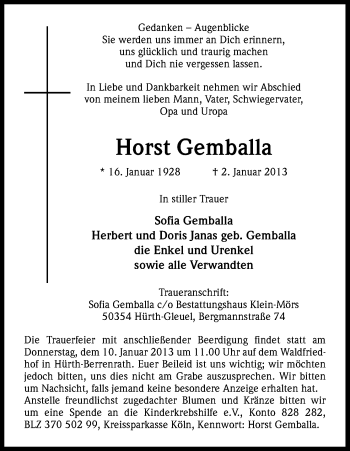 Anzeige von Horst Gemballa von Kölner Stadt-Anzeiger / Kölnische Rundschau / Express