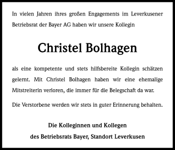 Anzeige von Christel Bolhagen von Kölner Stadt-Anzeiger / Kölnische Rundschau / Express