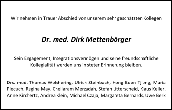 Anzeige von Dirk Mettenbörger von Kölner Stadt-Anzeiger / Kölnische Rundschau / Express