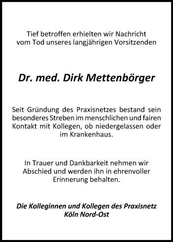 Anzeige von Dirk Mettenbörger von Kölner Stadt-Anzeiger / Kölnische Rundschau / Express
