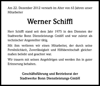 Anzeige von Werner Schiffl von Kölner Stadt-Anzeiger / Kölnische Rundschau / Express