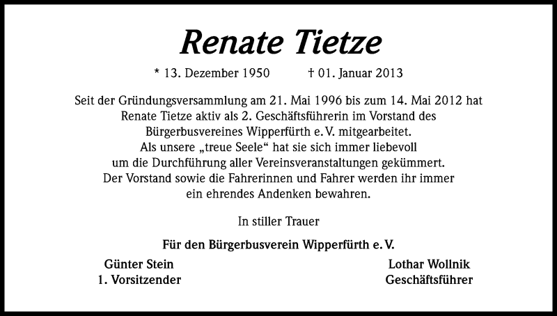  Traueranzeige für Renate Tietze vom 04.01.2013 aus Kölner Stadt-Anzeiger / Kölnische Rundschau / Express