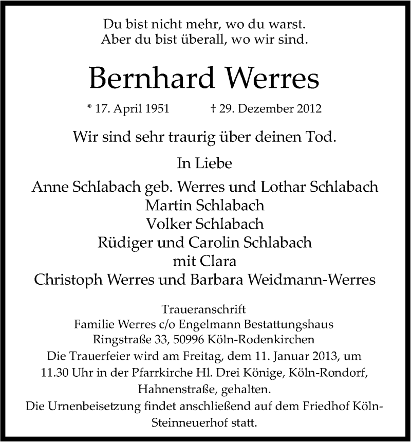  Traueranzeige für Bernhard Werres vom 05.01.2013 aus Kölner Stadt-Anzeiger / Kölnische Rundschau / Express