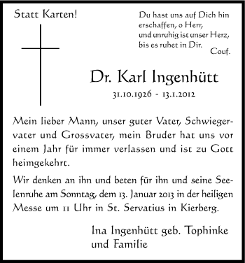 Anzeige von Karl Ingenhütt von Kölner Stadt-Anzeiger / Kölnische Rundschau / Express