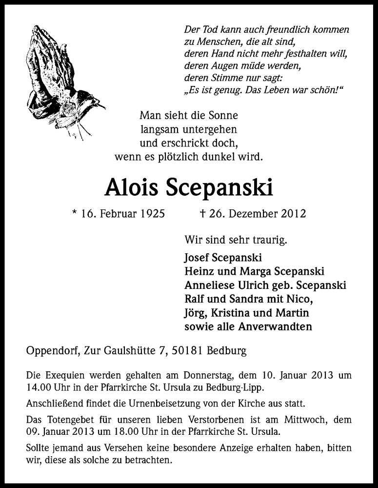  Traueranzeige für Alois Scepanski vom 05.01.2013 aus Kölner Stadt-Anzeiger / Kölnische Rundschau / Express