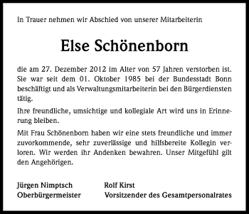 Anzeige von Else Schönenborn von Kölner Stadt-Anzeiger / Kölnische Rundschau / Express