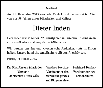 Anzeige von Dieter Inden von Kölner Stadt-Anzeiger / Kölnische Rundschau / Express