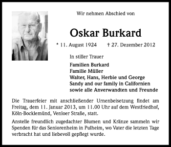 Anzeige von Burkard Oskar von Kölner Stadt-Anzeiger / Kölnische Rundschau / Express