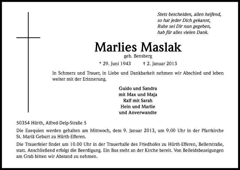  Traueranzeige für Marlies Maslak vom 05.01.2013 aus Kölner Stadt-Anzeiger / Kölnische Rundschau / Express