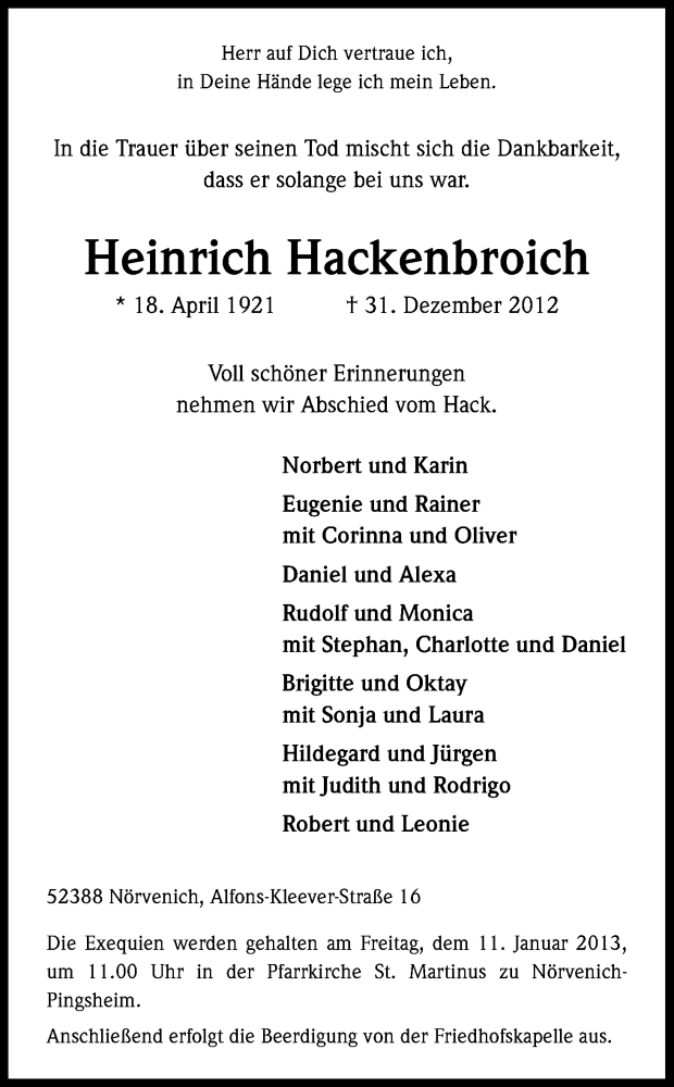  Traueranzeige für Heinrich Hackenbroich vom 05.01.2013 aus Kölner Stadt-Anzeiger / Kölnische Rundschau / Express