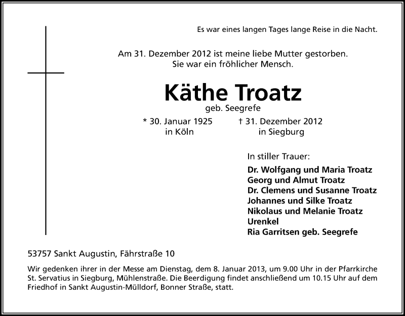  Traueranzeige für Käthe Troatz vom 04.01.2013 aus Kölner Stadt-Anzeiger / Kölnische Rundschau / Express