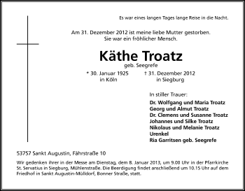 Anzeige von Käthe Troatz von Kölner Stadt-Anzeiger / Kölnische Rundschau / Express
