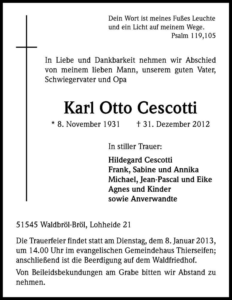 Traueranzeige für Karl Otto Cescotti vom 04.01.2013 aus Kölner Stadt-Anzeiger / Kölnische Rundschau / Express