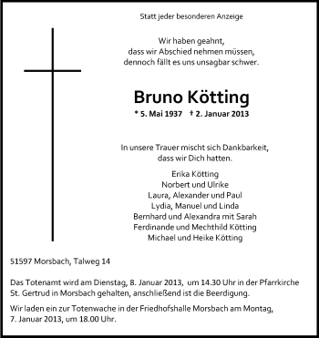 Anzeige von Bruno Kötting von Kölner Stadt-Anzeiger / Kölnische Rundschau / Express