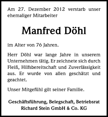 Anzeige von Manfred Döhl von Kölner Stadt-Anzeiger / Kölnische Rundschau / Express