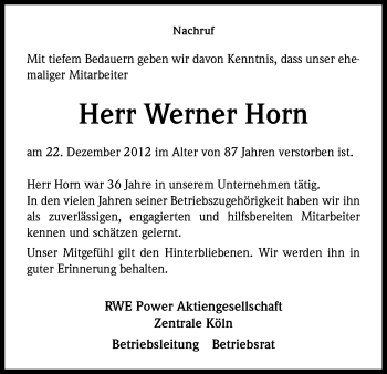 Anzeige von Werner Horn von Kölner Stadt-Anzeiger / Kölnische Rundschau / Express
