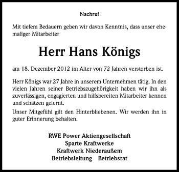 Anzeige von Hans Königs von Kölner Stadt-Anzeiger / Kölnische Rundschau / Express