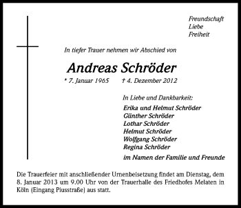 Anzeige von Andreas Schröder von Kölner Stadt-Anzeiger / Kölnische Rundschau / Express