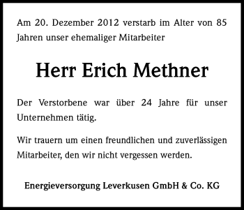 Anzeige von Erich Methner von Kölner Stadt-Anzeiger / Kölnische Rundschau / Express