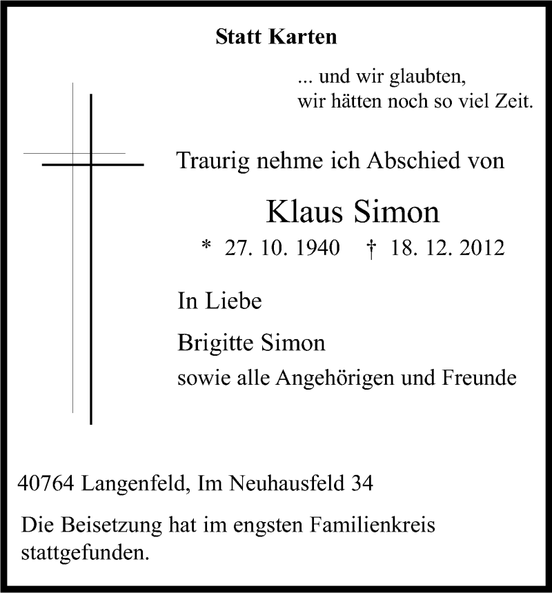  Traueranzeige für Klaus Simon vom 10.01.2013 aus Kölner Stadt-Anzeiger / Kölnische Rundschau / Express
