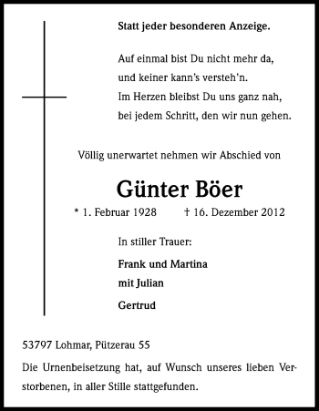 Anzeige von Günter Böer von Kölner Stadt-Anzeiger / Kölnische Rundschau / Express