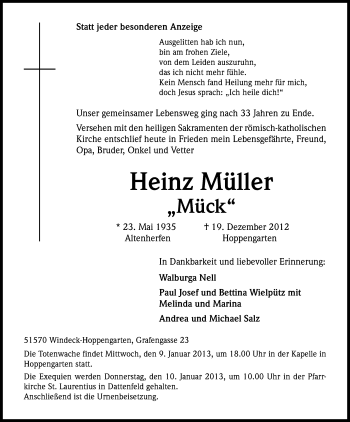 Anzeige von Heinz Müller von Kölner Stadt-Anzeiger / Kölnische Rundschau / Express