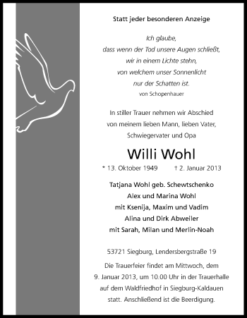Anzeige von Willi Wohl von Kölner Stadt-Anzeiger / Kölnische Rundschau / Express