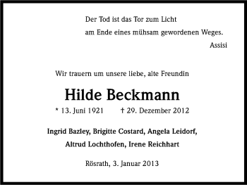 Anzeige von Hilde Beckmann von Kölner Stadt-Anzeiger / Kölnische Rundschau / Express