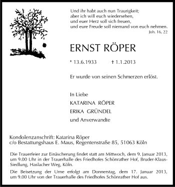 Anzeige von Ernst Röper von Kölner Stadt-Anzeiger / Kölnische Rundschau / Express