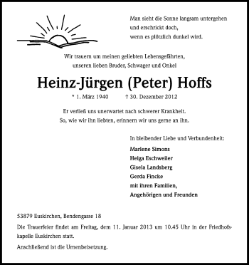 Anzeige von Heinz-Jürgen Hoffs von Kölner Stadt-Anzeiger / Kölnische Rundschau / Express