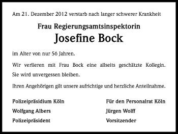 Anzeige von Josefine Bock von Kölner Stadt-Anzeiger / Kölnische Rundschau / Express