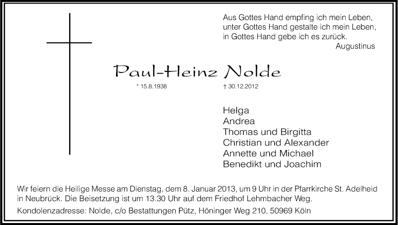  Traueranzeige für Paul Heinz Nolde vom 05.01.2013 aus Kölner Stadt-Anzeiger / Kölnische Rundschau / Express