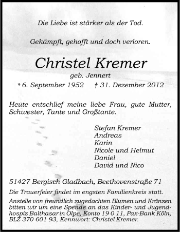 Anzeige von Christel Kremer von Kölner Stadt-Anzeiger / Kölnische Rundschau / Express