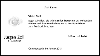 Anzeige von Jürgen Zoll von Kölner Stadt-Anzeiger / Kölnische Rundschau / Express