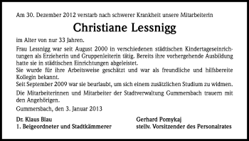 Anzeige von Christiane Lessnigg von Kölner Stadt-Anzeiger / Kölnische Rundschau / Express