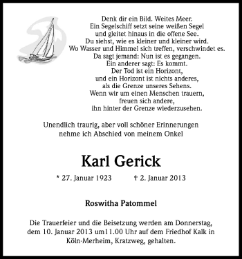 Anzeige von Karl Gerick von Kölner Stadt-Anzeiger / Kölnische Rundschau / Express