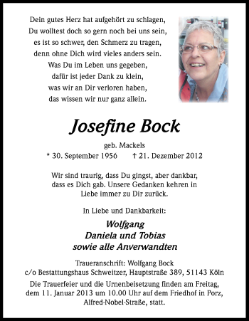 Anzeige von Josefine Bock von Kölner Stadt-Anzeiger / Kölnische Rundschau / Express