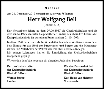 Anzeige von Wolfgang Bell von Kölner Stadt-Anzeiger / Kölnische Rundschau / Express