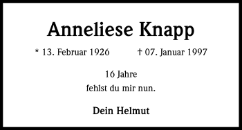 Anzeige von Anneliese Knapp von Kölner Stadt-Anzeiger / Kölnische Rundschau / Express
