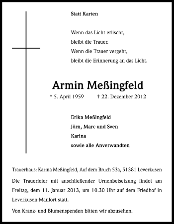 Anzeige von Armin Meßingfeld von Kölner Stadt-Anzeiger / Kölnische Rundschau / Express