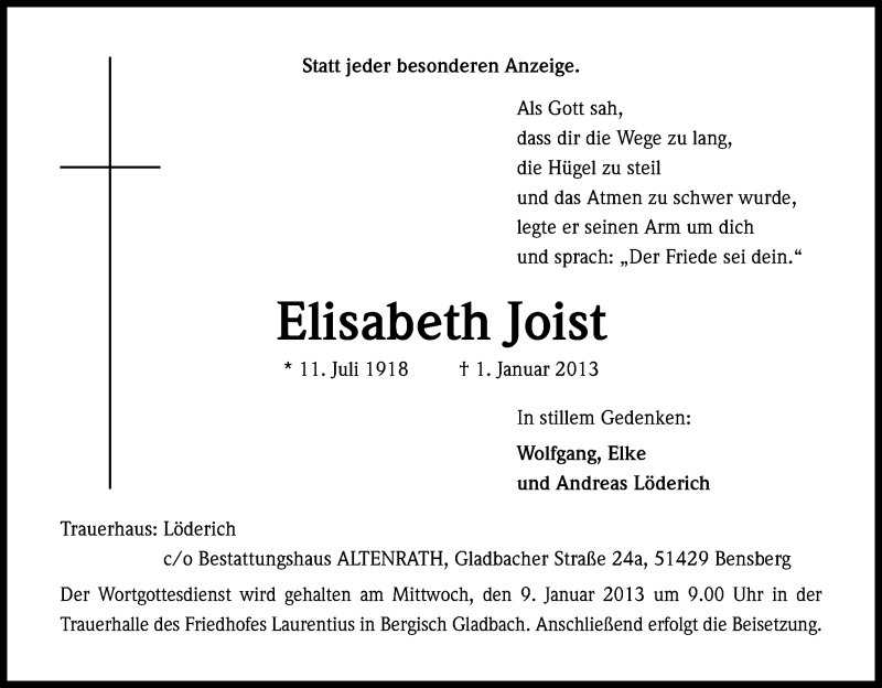  Traueranzeige für Elisabeth Joist vom 05.01.2013 aus Kölner Stadt-Anzeiger / Kölnische Rundschau / Express