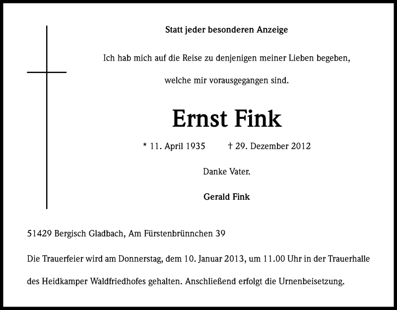  Traueranzeige für Ernst Fink vom 05.01.2013 aus Kölner Stadt-Anzeiger / Kölnische Rundschau / Express