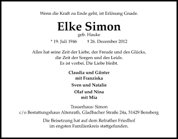 Anzeige von Elke Simon von Kölner Stadt-Anzeiger / Kölnische Rundschau / Express