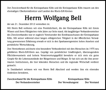 Anzeige von Wolfgang Bell von Kölner Stadt-Anzeiger / Kölnische Rundschau / Express