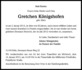 Anzeige von Gretchen Königshofen von Kölner Stadt-Anzeiger / Kölnische Rundschau / Express