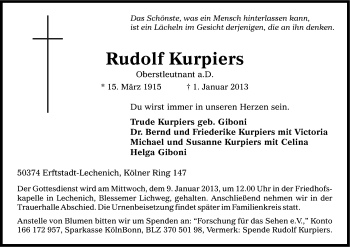 Anzeige von Rudolf Kurpiers von Kölner Stadt-Anzeiger / Kölnische Rundschau / Express