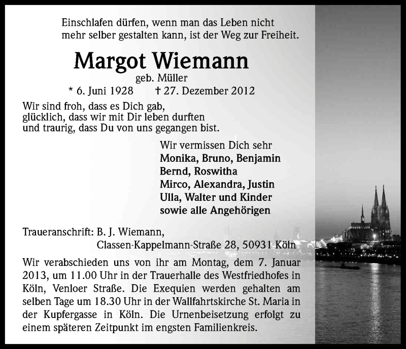  Traueranzeige für Margot Wiemann vom 05.01.2013 aus Kölner Stadt-Anzeiger / Kölnische Rundschau / Express